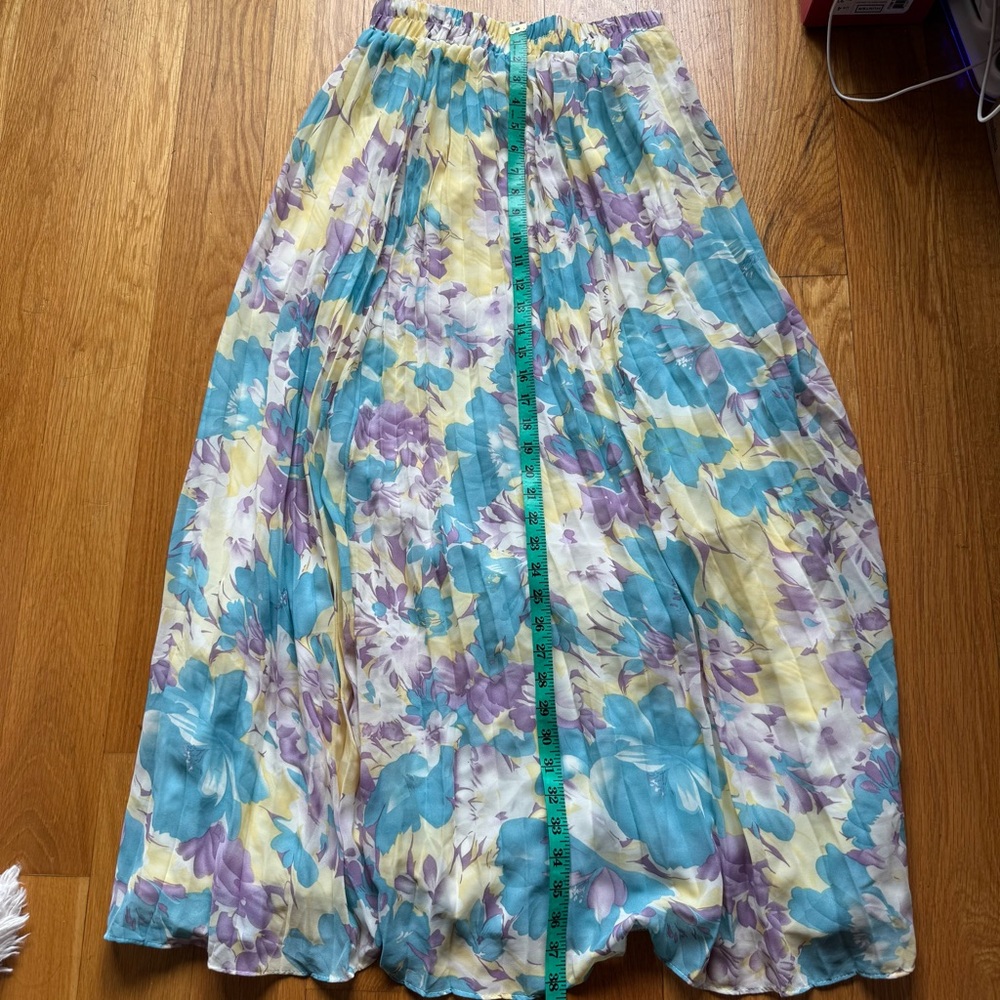 Floral Chiffon Maxi Skirt pleated, multi color blue, free size